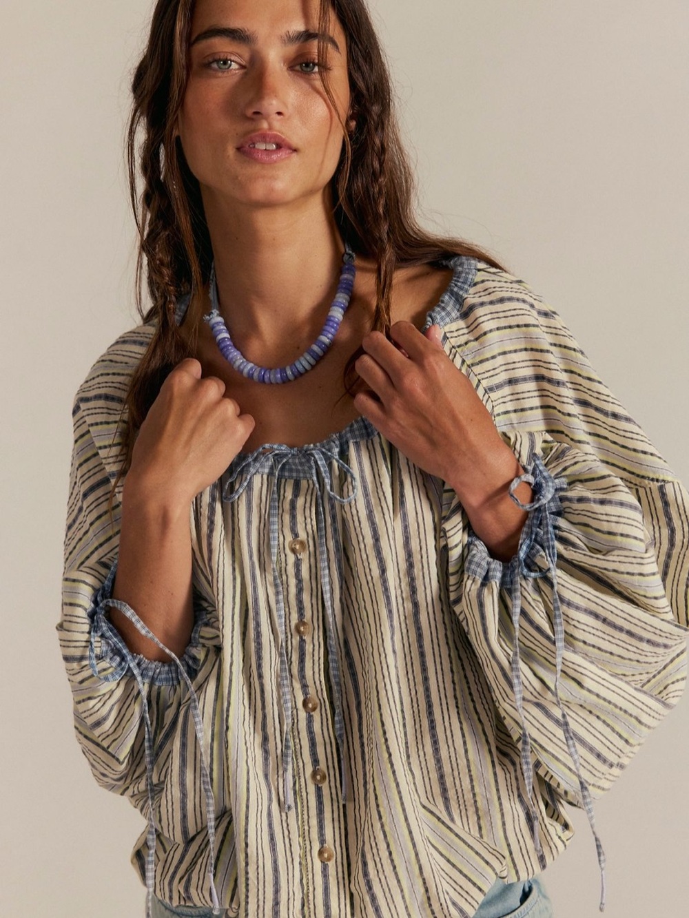 We The Free Picnic Stripe Top Button-Front Peasant Blouse in Cream and Blue